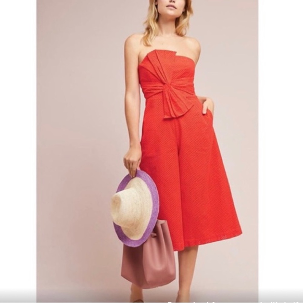 Anthropologie Postmark Eyelet Tangerine Wide Leg Cropped Jumpsuit US 10